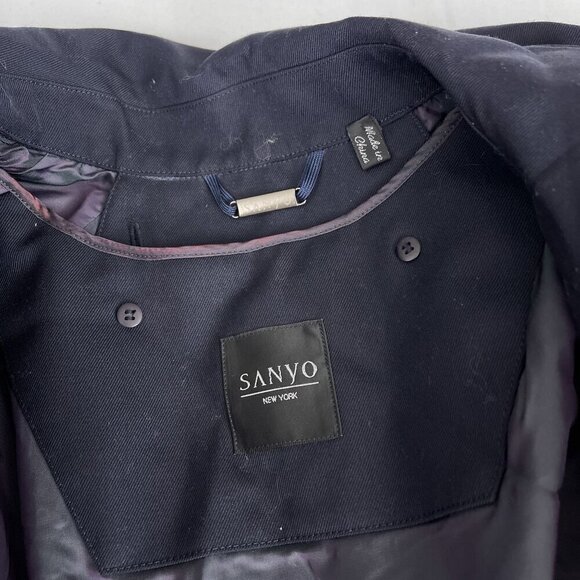 Sanyo NY Long Trench Overcoat Button-Up Minimalist Black Wool Blend Womens M - Picture 7 of 12